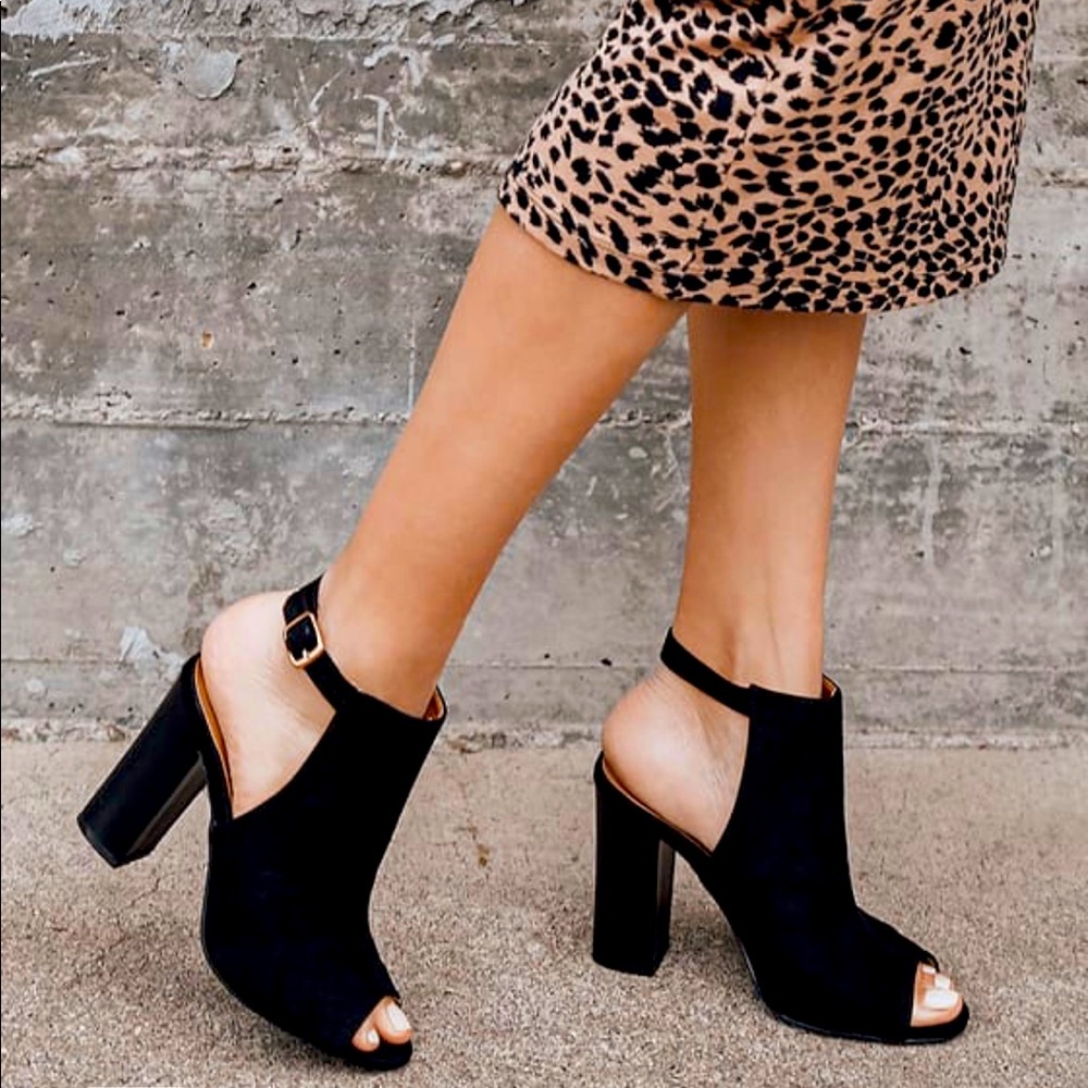 Black suede peep toe booties